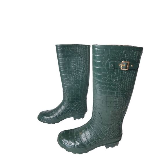 Khombu BW1208 Crocodile Tall Rubber Rain Boot Green Cheetah Print Lining sz 9 - Picture 1 of 9
